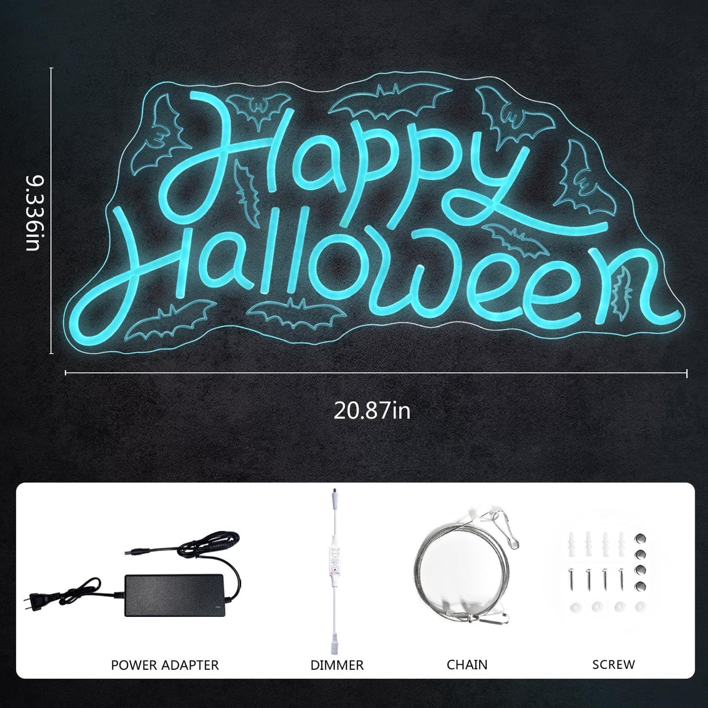 Happy Halloween neon sign glowing with white LED light and spooky UV printed background