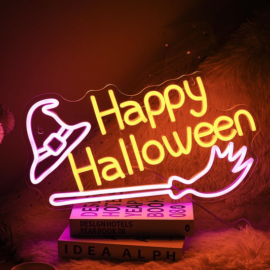 Happy Halloween neon sign with glowing witch hat and broom – spooky LED wall light decor for Halloween parties