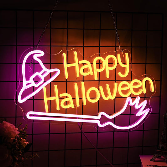 Happy Halloween neon sign with glowing witch hat and broom – spooky LED wall light decor for Halloween parties