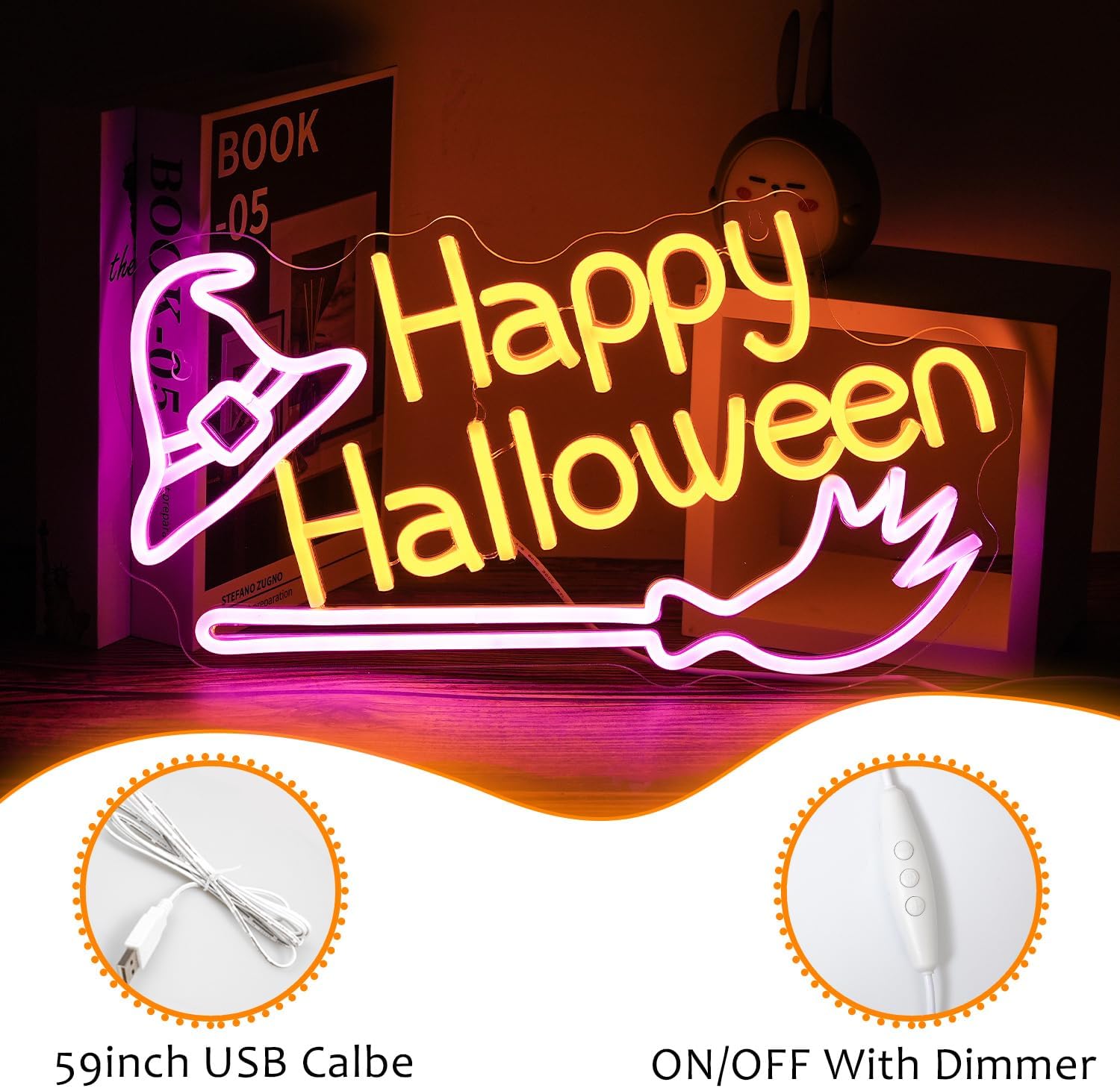 Happy Halloween neon sign with glowing witch hat and broom – spooky LED wall light decor for Halloween parties
