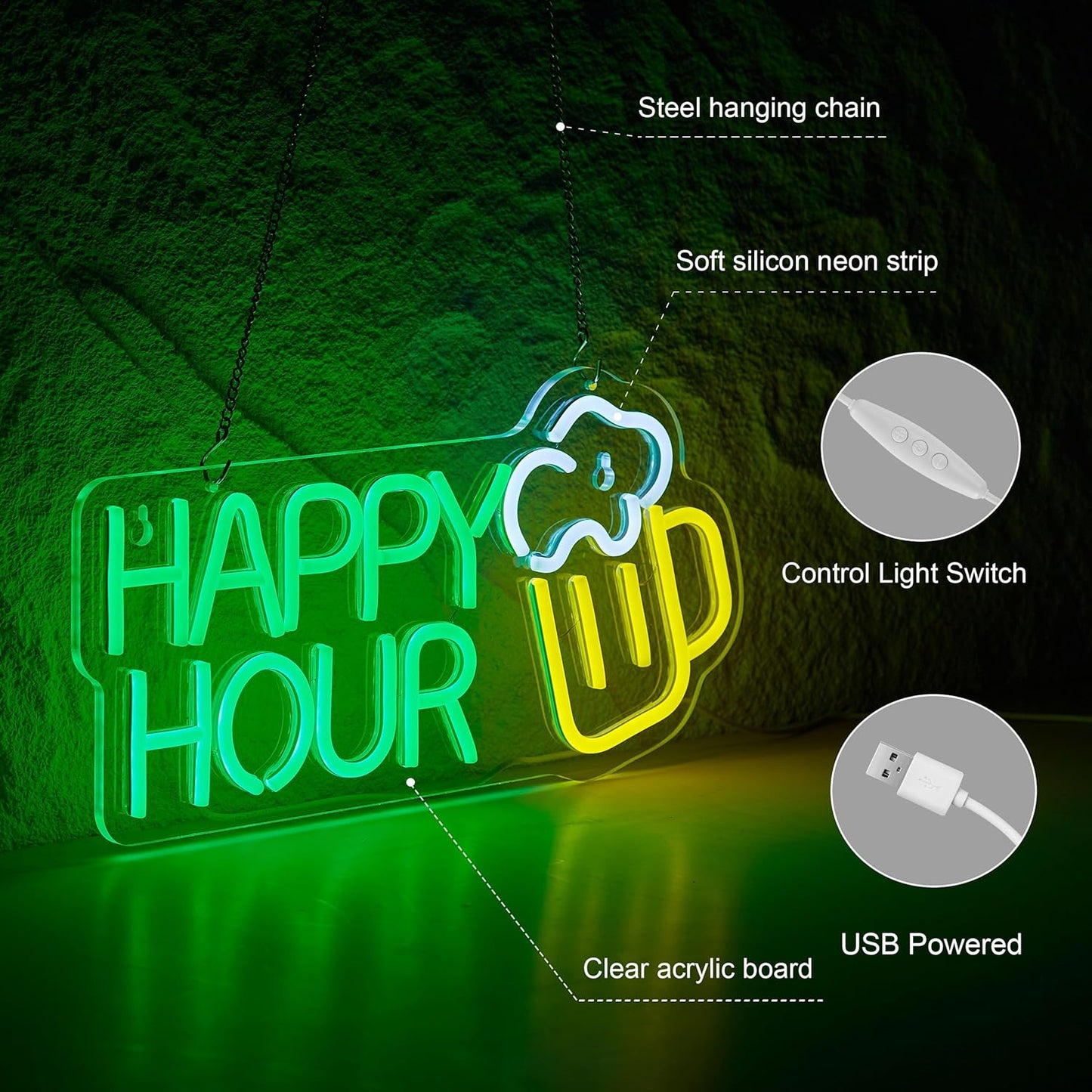 ✅ Happy Hour Neon Sign – LED Bar Light with Cocktail Glass for Lounge & Home Bar Decor - Deen neon