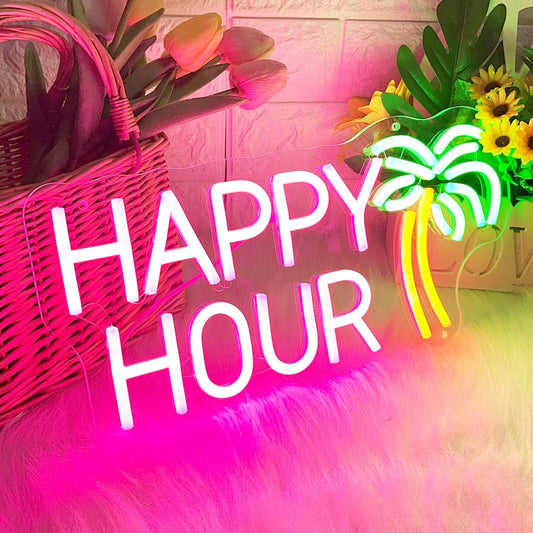 Happy Hour Neon Sign - LED Bar Light with Palm Tree Design