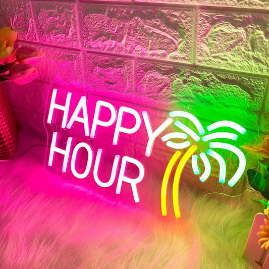 Happy Hour Neon Sign - LED Bar Light with Palm Tree Design