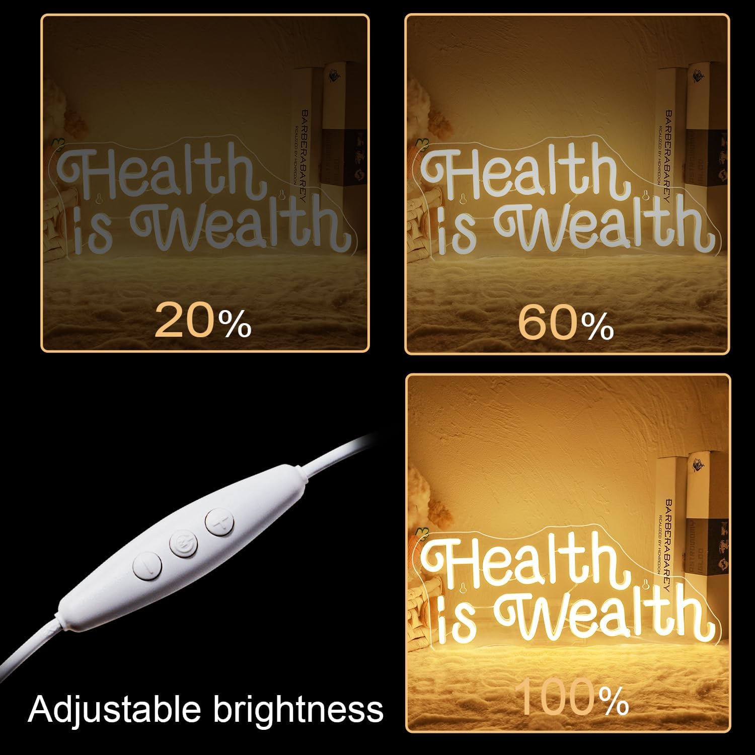 Health is Wealth neon sign glowing in LED light, motivational wall decor for gym or wellness space