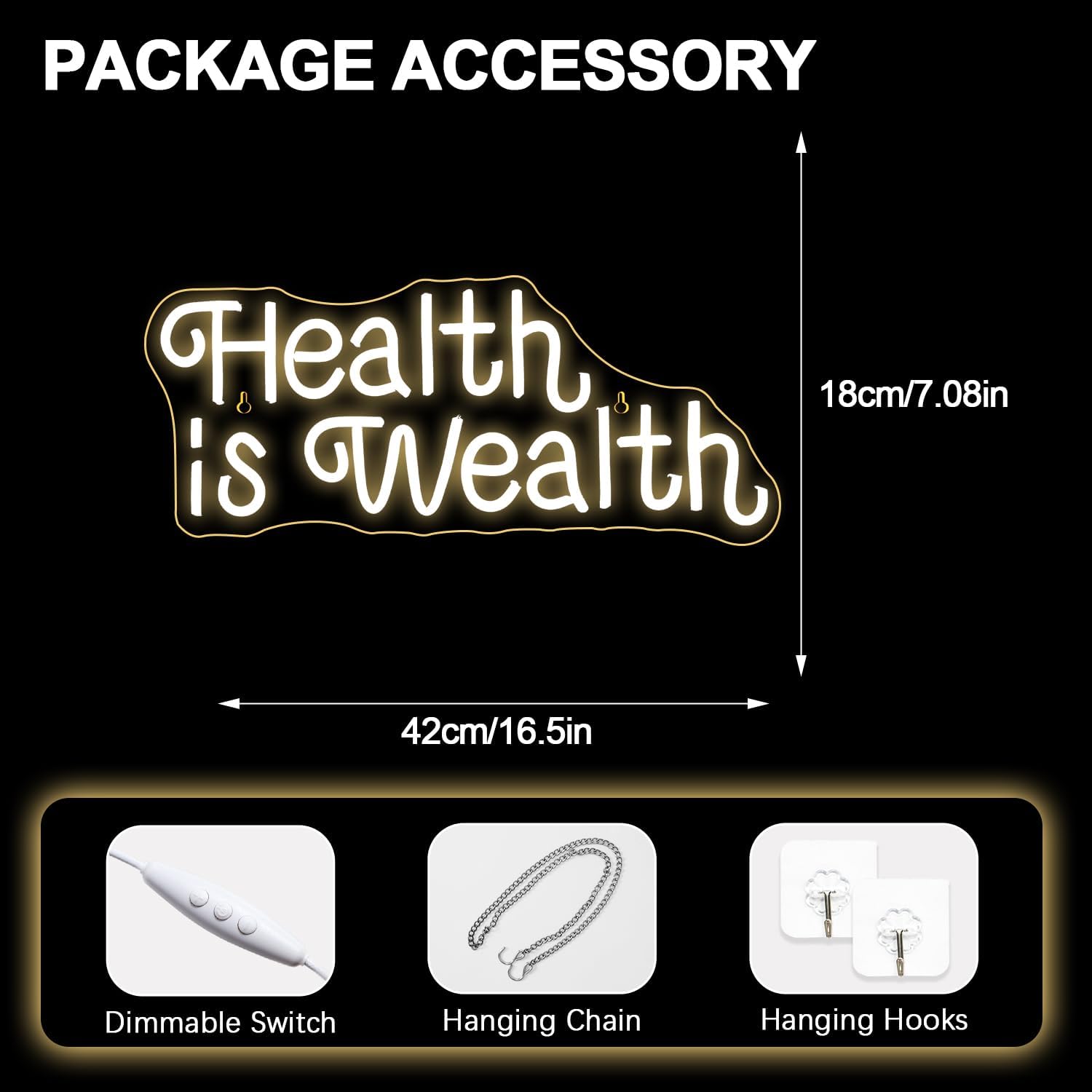 Health is Wealth neon sign glowing in LED light, motivational wall decor for gym or wellness space