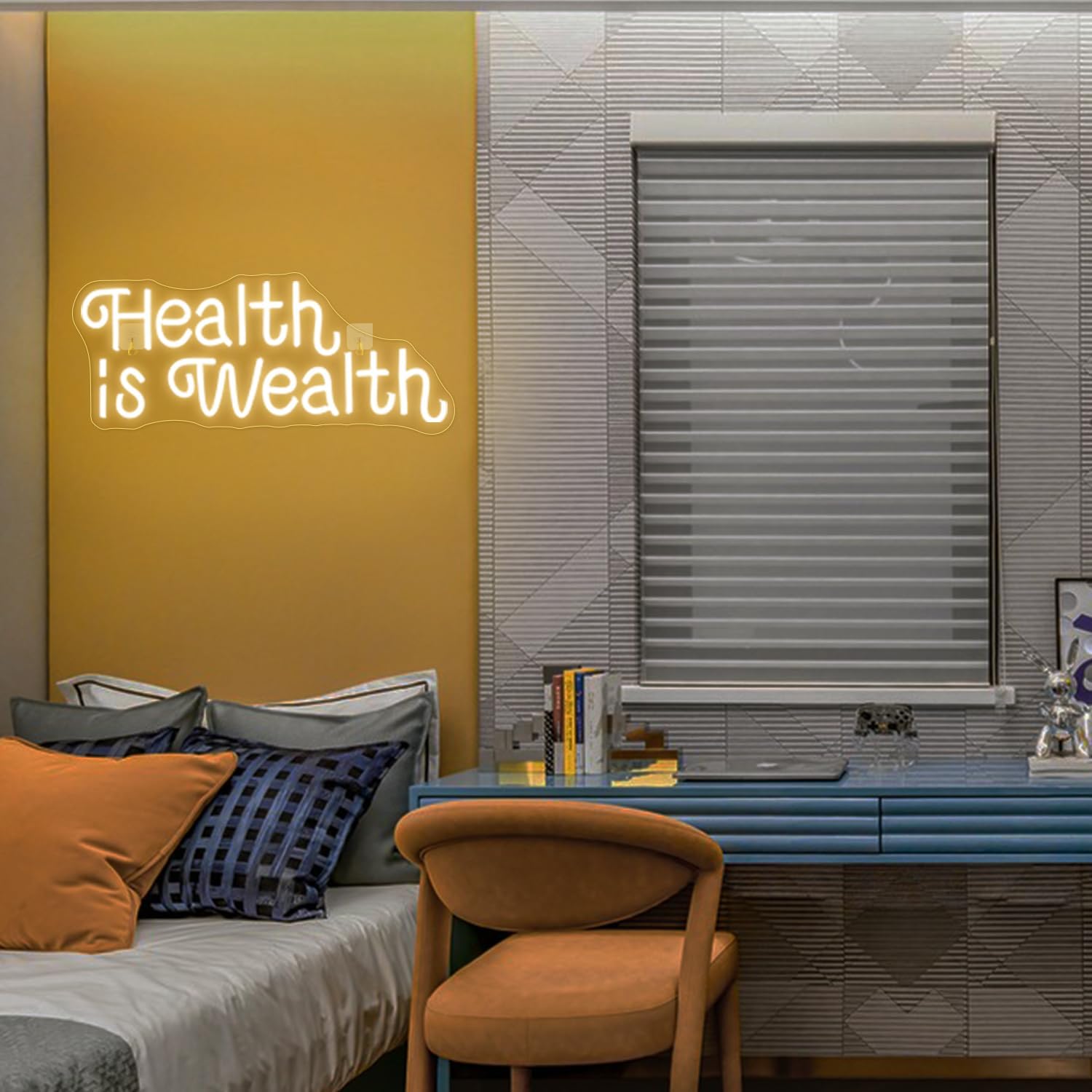 Health is Wealth neon sign glowing in LED light, motivational wall decor for gym or wellness space