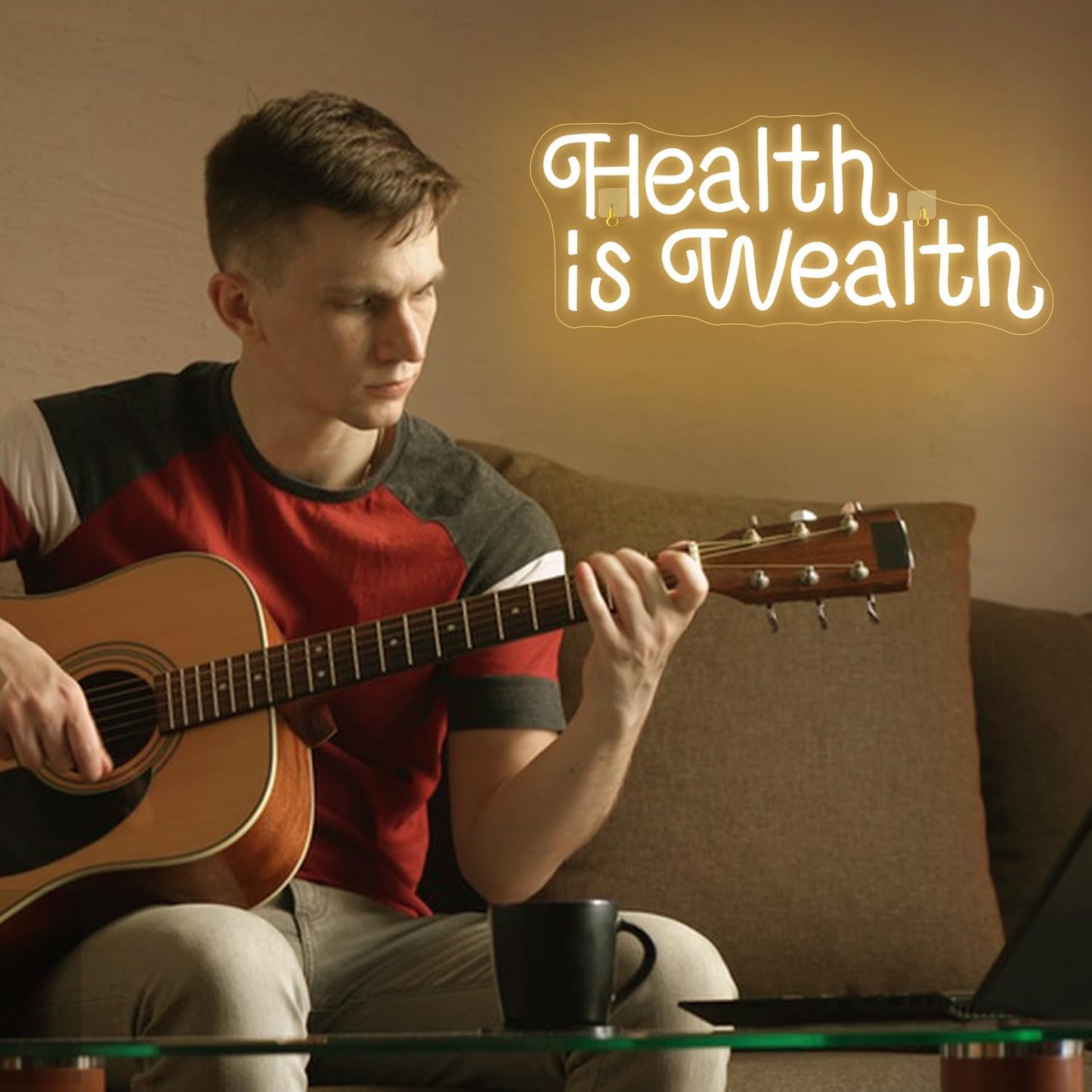 Health is Wealth neon sign glowing in LED light, motivational wall decor for gym or wellness space