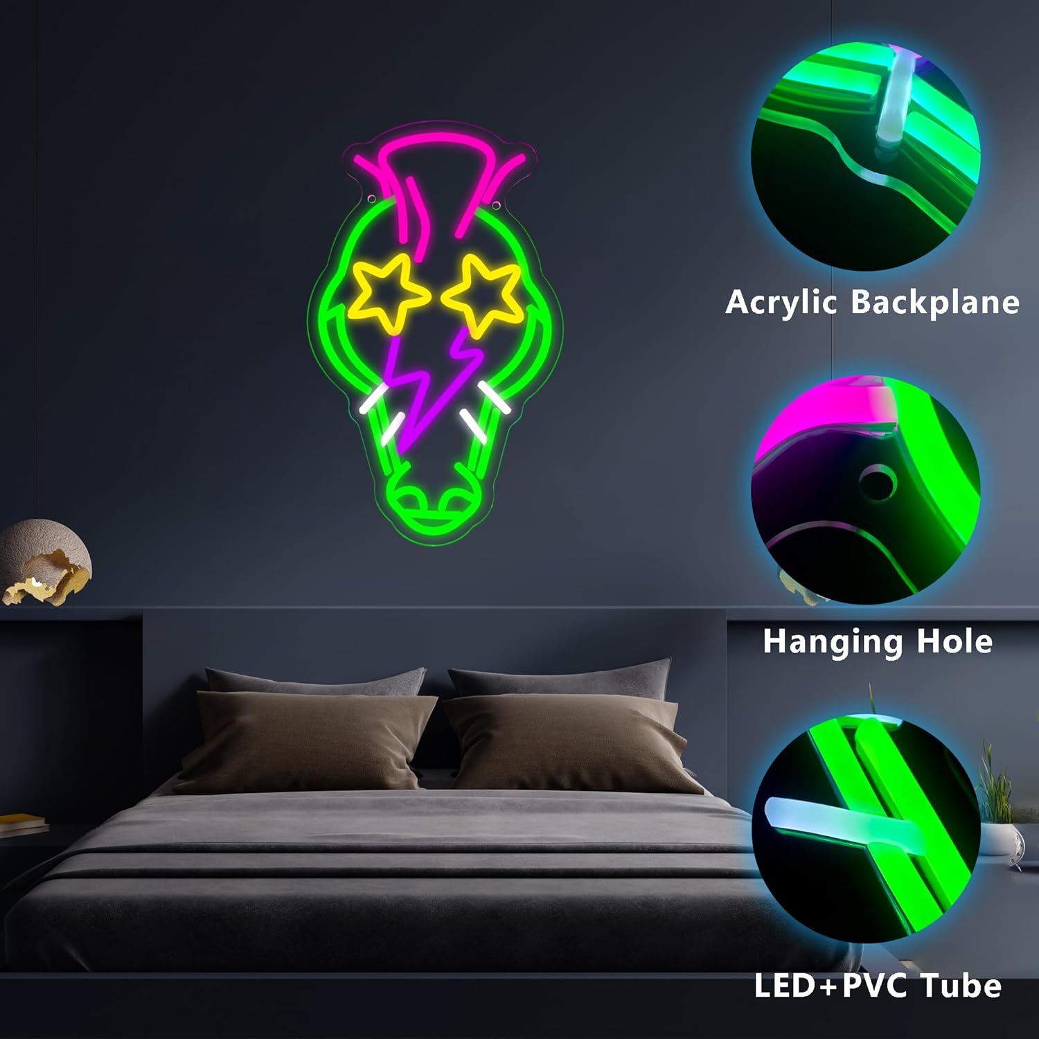 Horse head neon sign with star glasses – fun LED wall decor for kids room, party, or bar