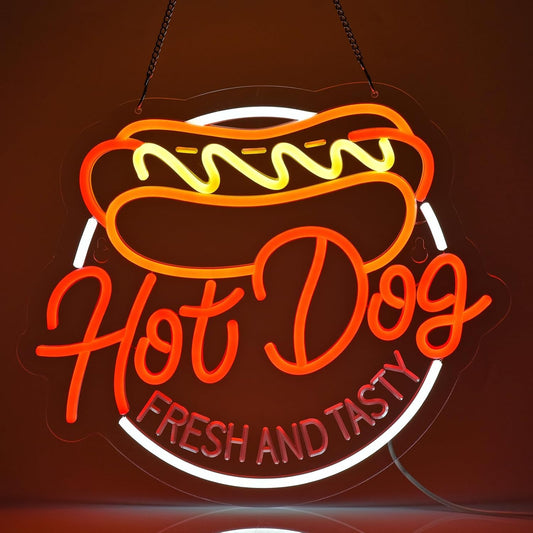 Hot dog neon sign with text “Fresh and Tasty” in red, yellow, and white LED lighting

