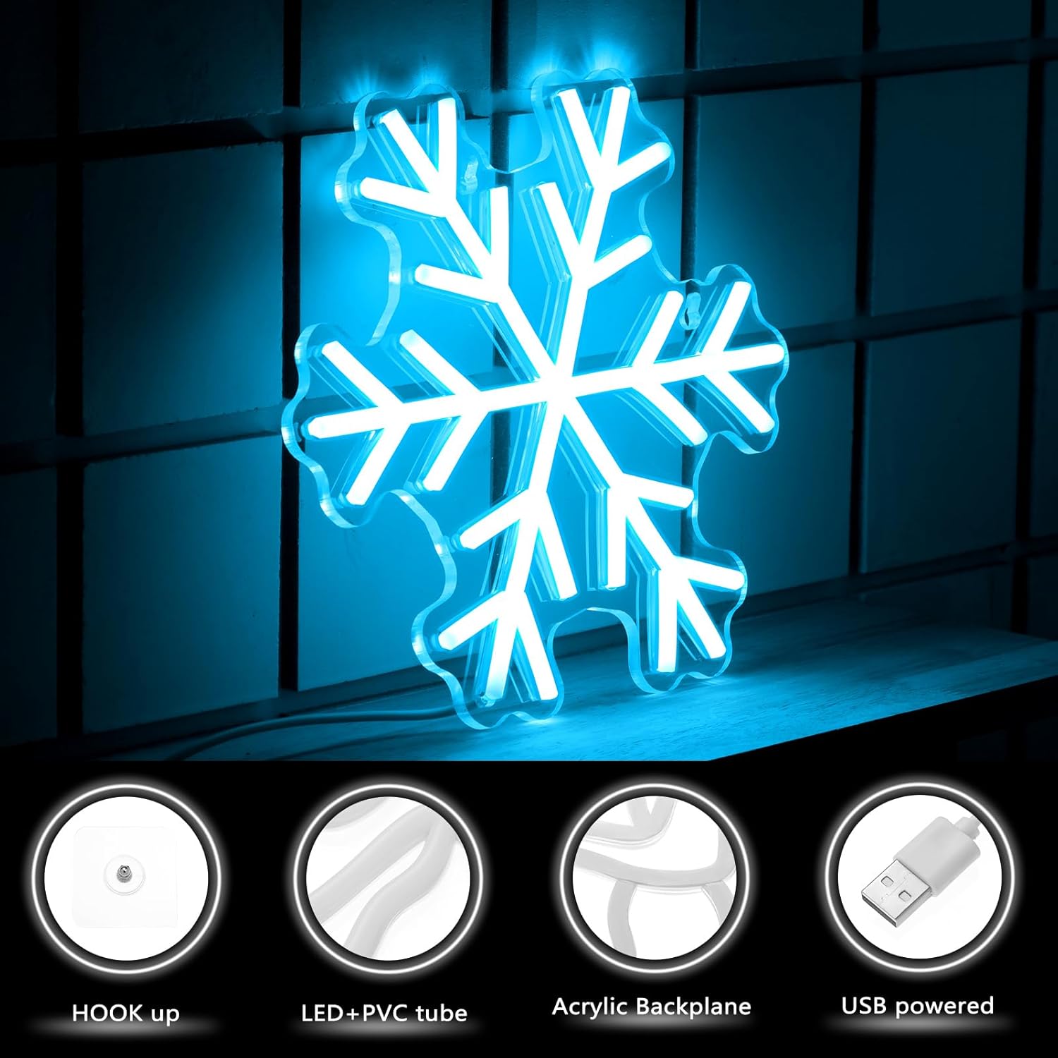 Ice Blue Snowflake Neon Sign – LED Winter Decor for Holiday and Seasonal Decorations