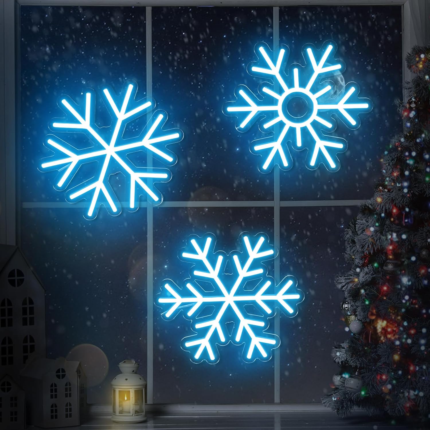 Ice Blue Snowflake Neon Sign – LED Winter Decor for Holiday and Seasonal Decorations