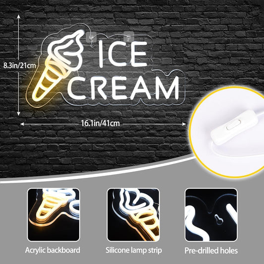 Ice Cream Neon Sign – LED Wall Decor Light for Dessert Shops & Cafes