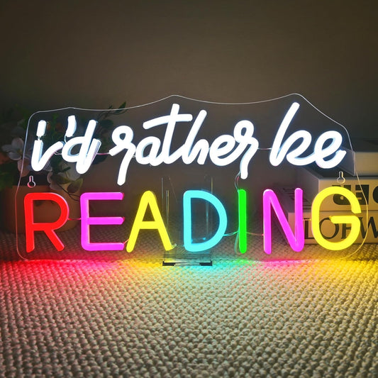 I'd Rather Be Reading" rainbow LED neon sign for book lovers
