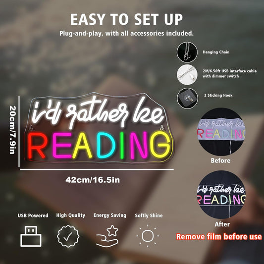 I'd Rather Be Reading" rainbow LED neon sign for book lovers