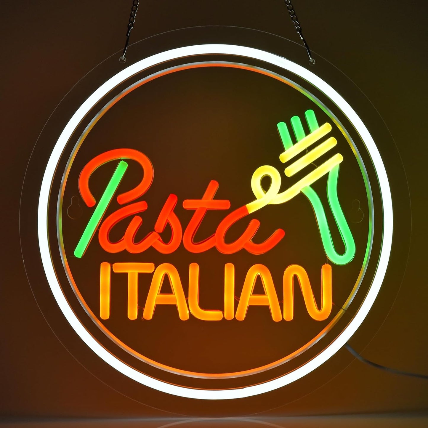 Italian pasta neon sign with fork and noodle design