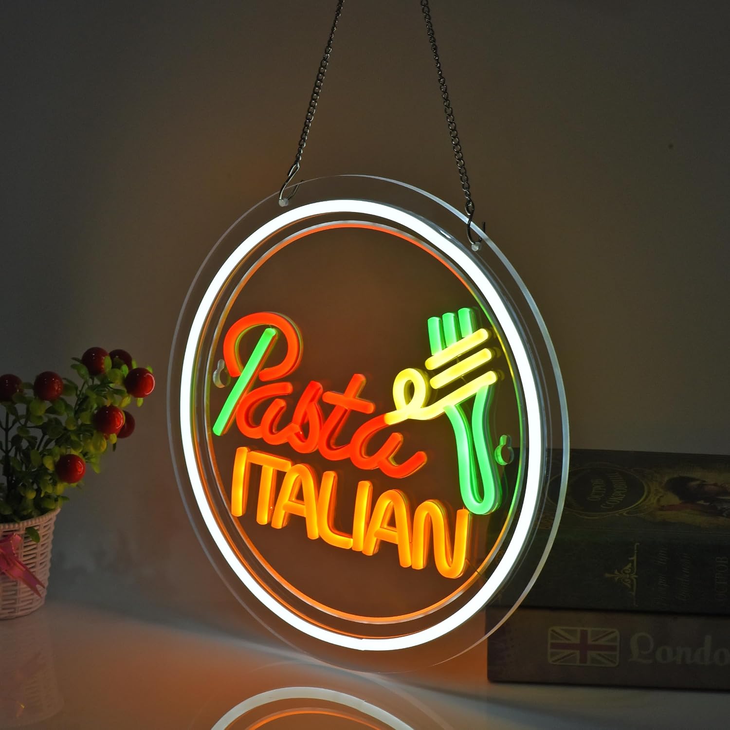 Italian pasta neon sign with fork and noodle design