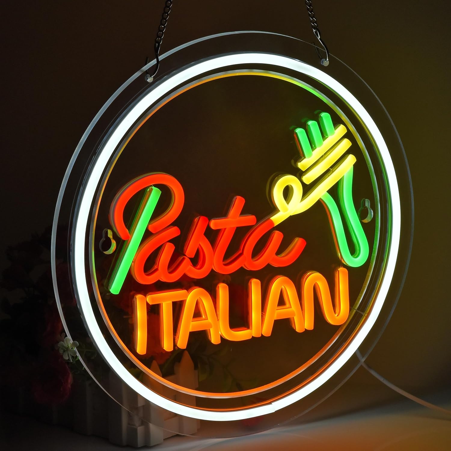 Italian pasta neon sign with fork and noodle design