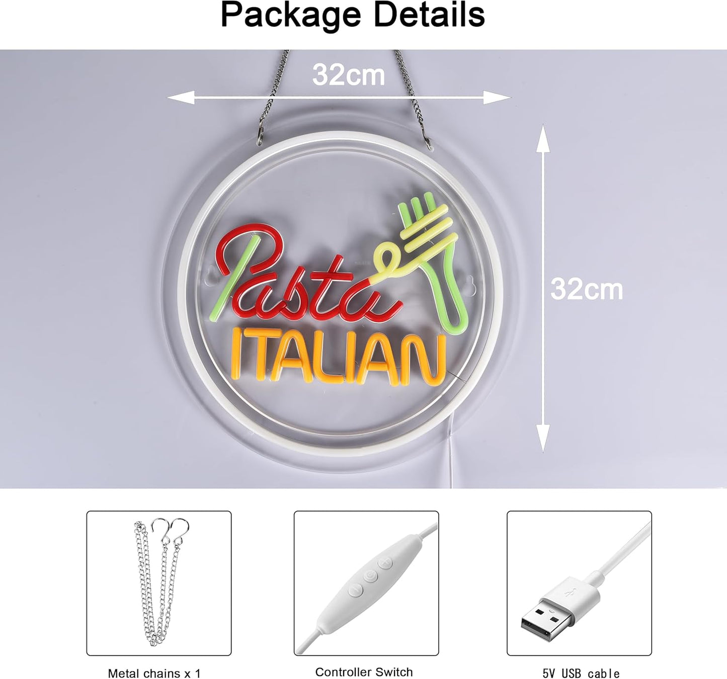 Italian pasta neon sign with fork and noodle design