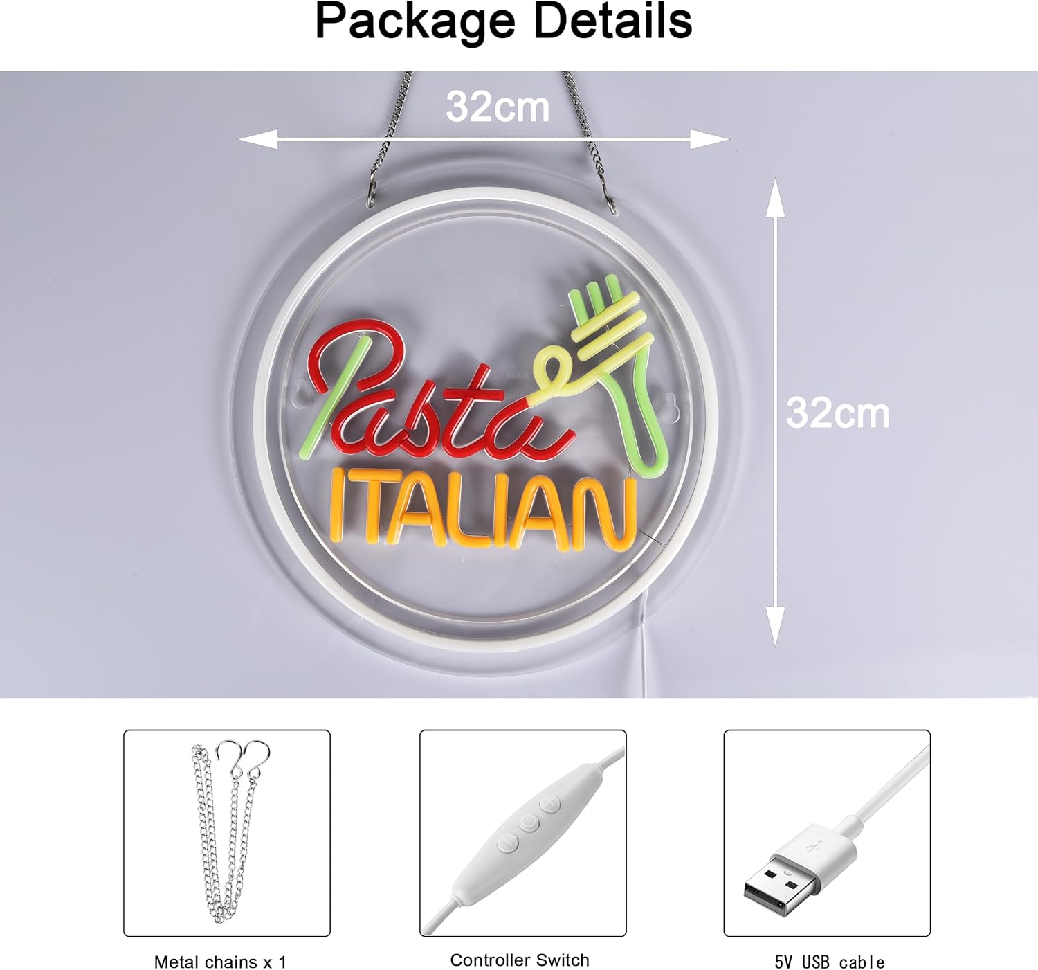 Italian pasta neon sign with fork and noodle design