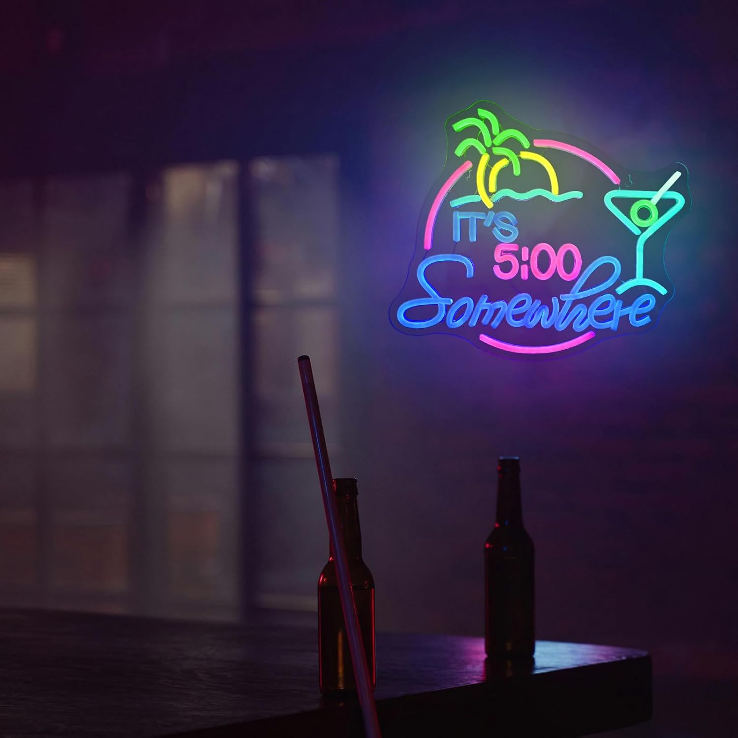 "It’s 5:00 Somewhere" neon sign with cocktail and palm tree