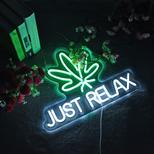Just Relax" Neon Sign – LED Wall Art with Leaf Design for Home & Office Decor - Deen neon