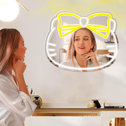 Kawaii Cat Neon Mirror Light with Yellow Bow – Aesthetic Bedroom & Bathroom Decor - Deen neon
