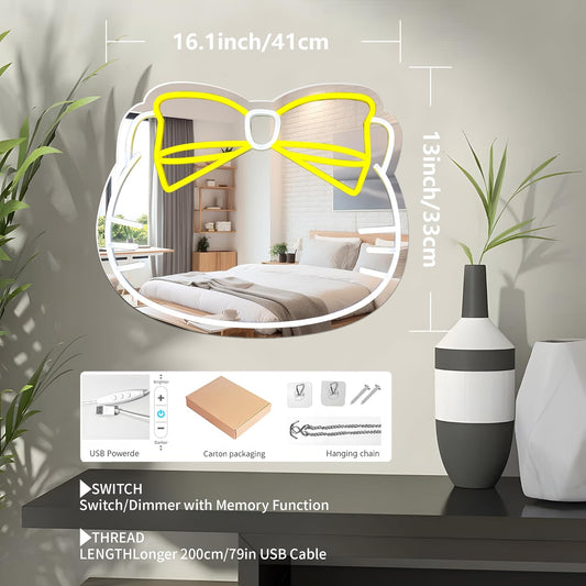 Kawaii Cat Neon Mirror Light with Yellow Bow – Aesthetic Bedroom & Bathroom Decor - Deen neon