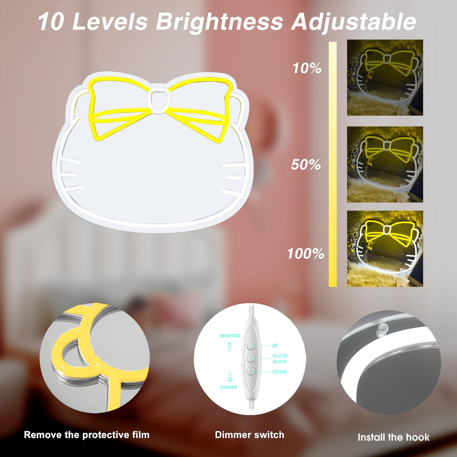 Kawaii Cat Neon Mirror Light with Yellow Bow – Aesthetic Bedroom & Bathroom Decor - Deen neon