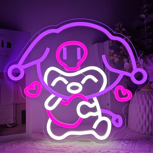 Kuromi neon sign holding a heart, made of pink LED tube lights, Sanrio wall decor