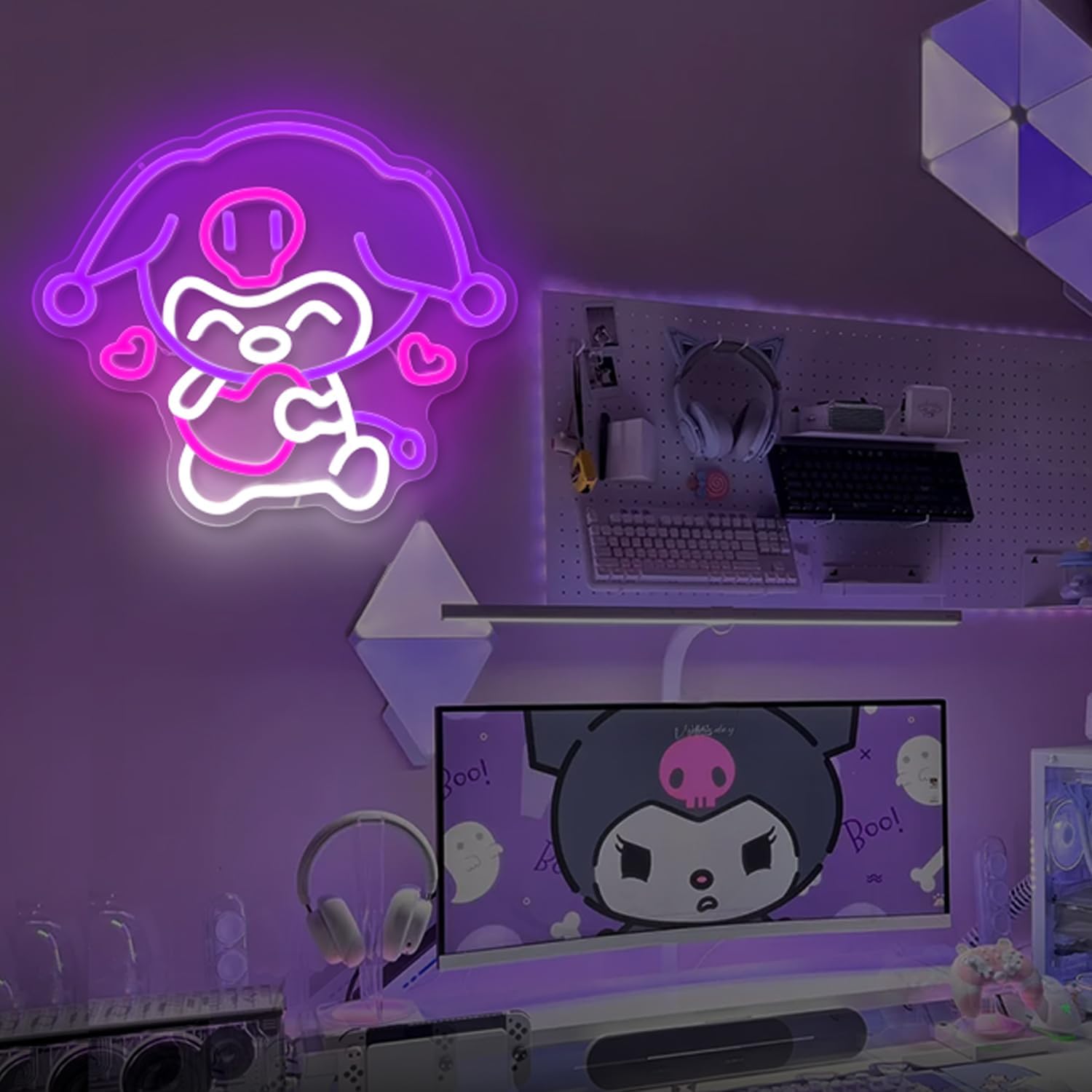 Kuromi neon sign holding a heart, made of pink LED tube lights, Sanrio wall decor