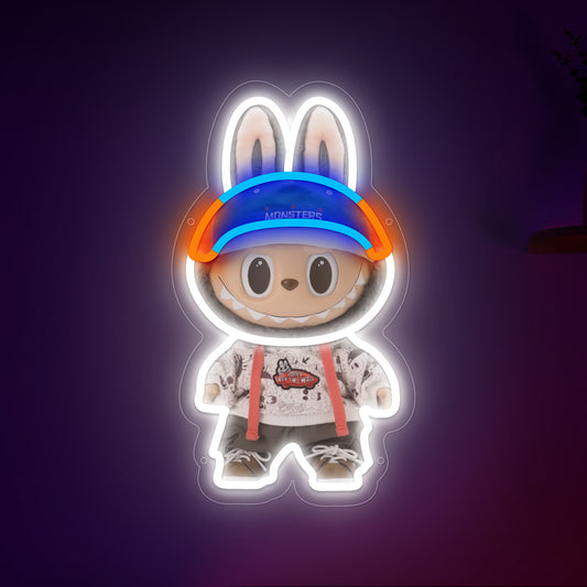 Labubu character LED neon light with red and blue hat – cute desk decor for collectors and gift stores