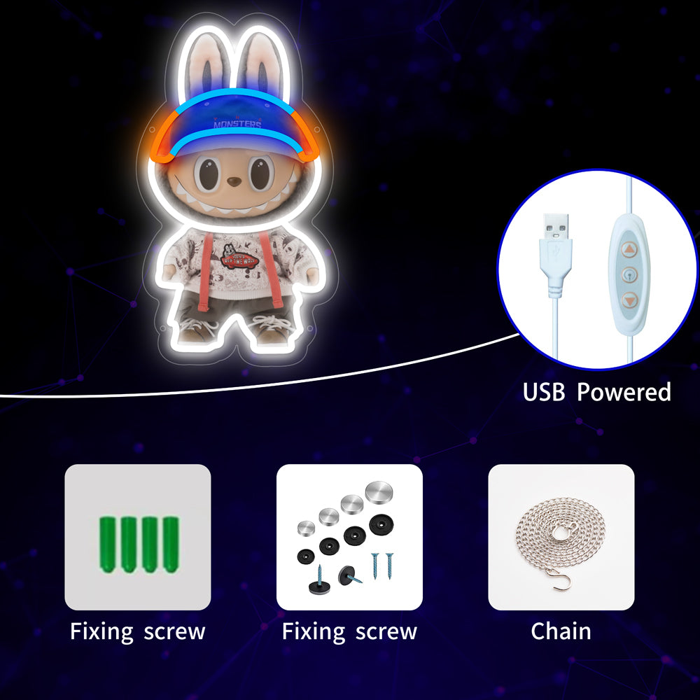 Labubu character LED neon light with red and blue hat – cute desk decor for collectors and gift stores