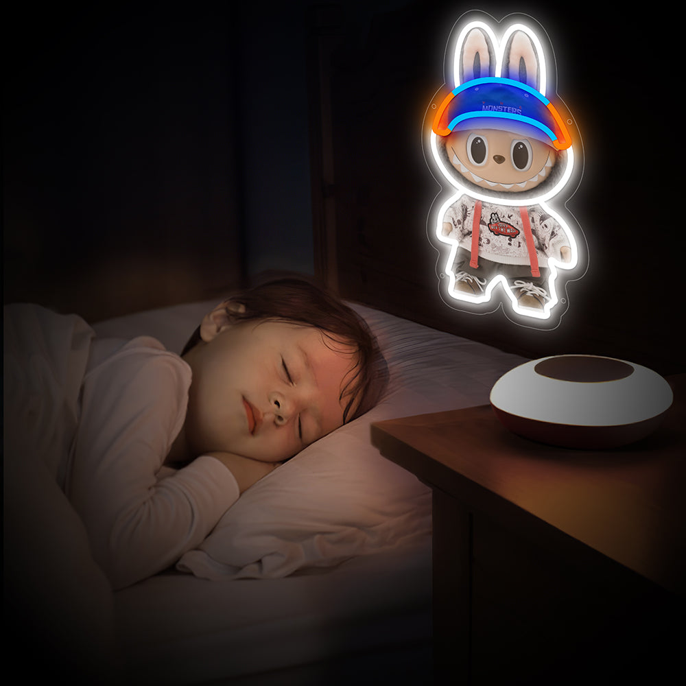 Labubu character LED neon light with red and blue hat – cute desk decor for collectors and gift stores