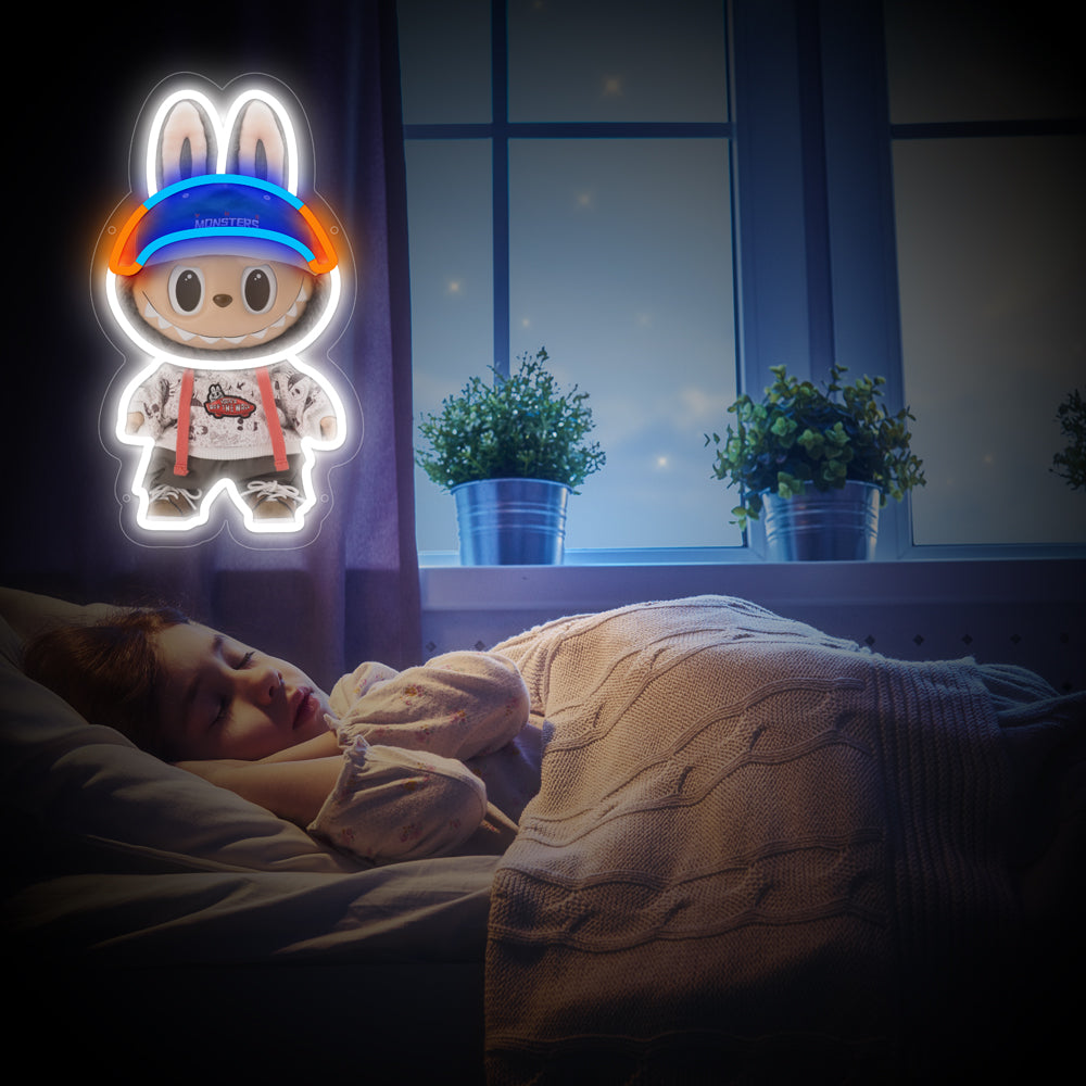 Labubu character LED neon light with red and blue hat – cute desk decor for collectors and gift stores