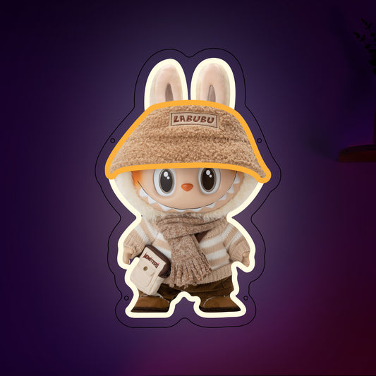  Labubu character neon sign with winter outfit, cozy LED light for fans