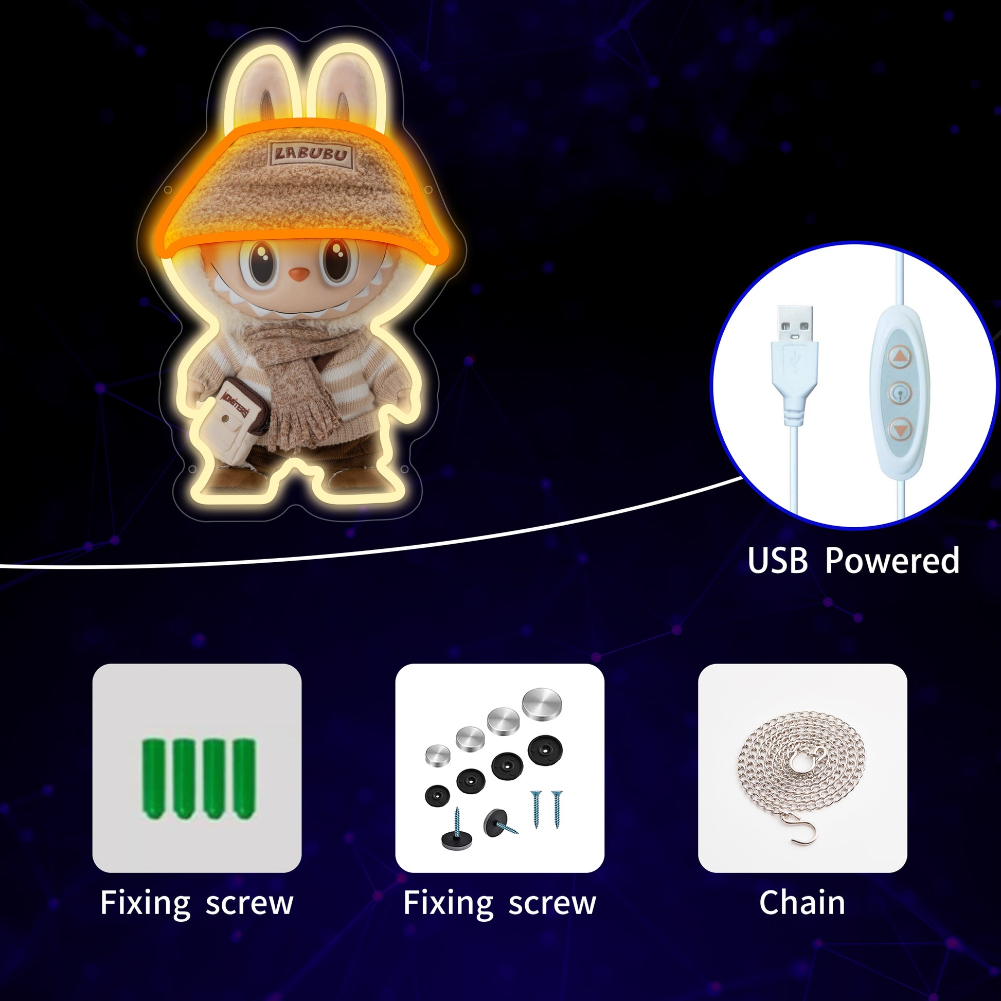  Labubu character neon sign with winter outfit, cozy LED light for fans