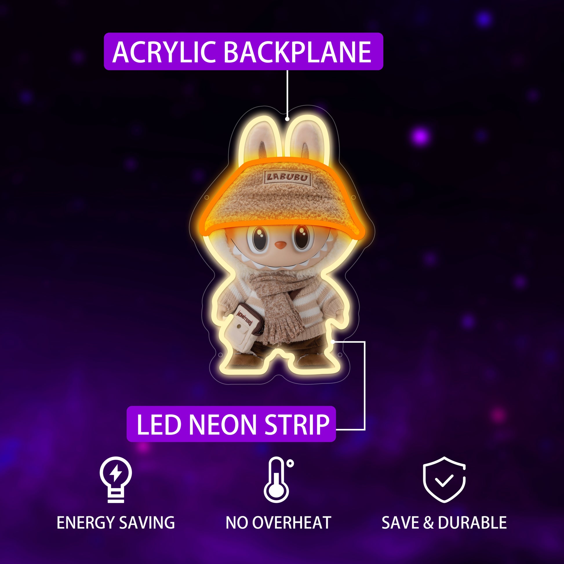  Labubu character neon sign with winter outfit, cozy LED light for fans