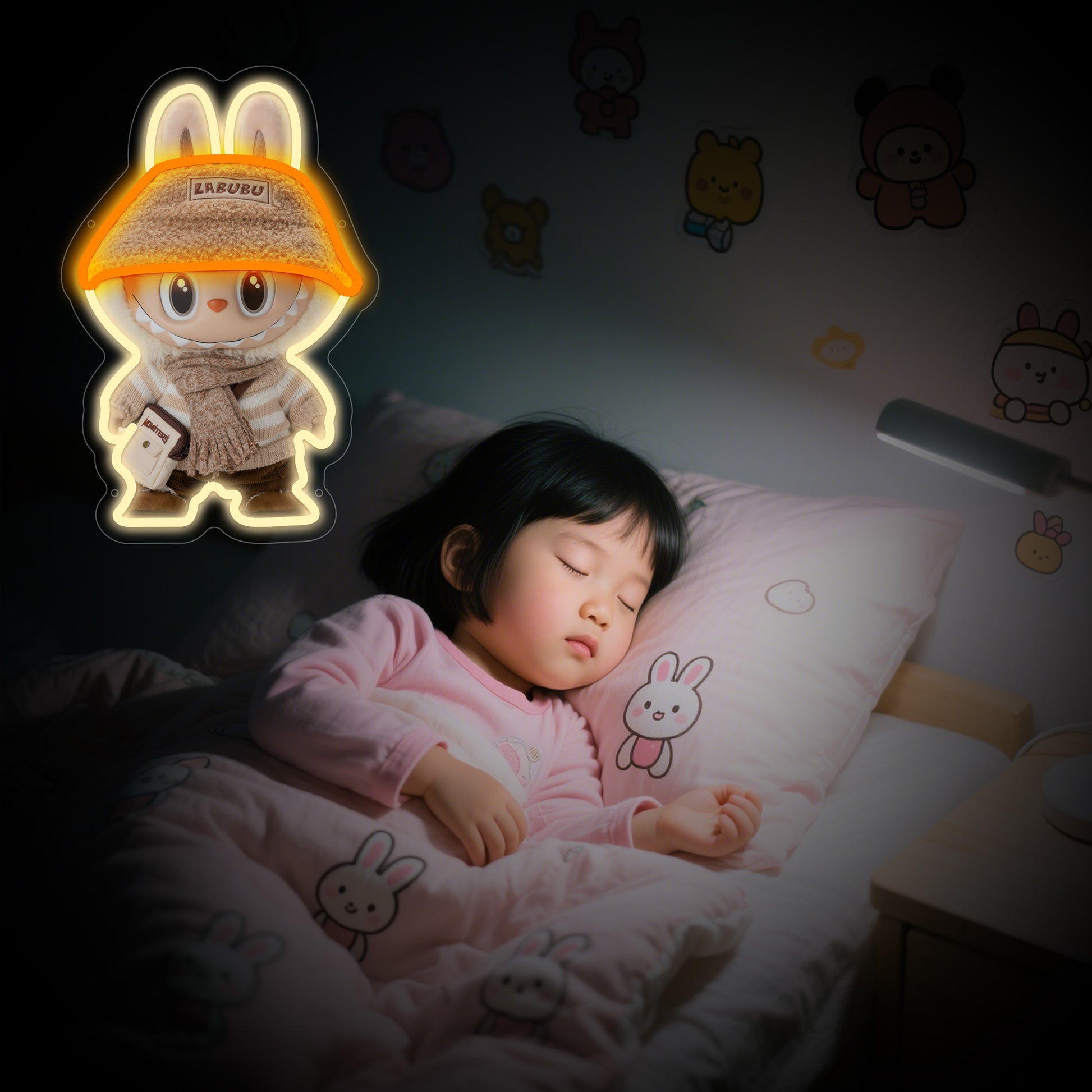  Labubu character neon sign with winter outfit, cozy LED light for fans