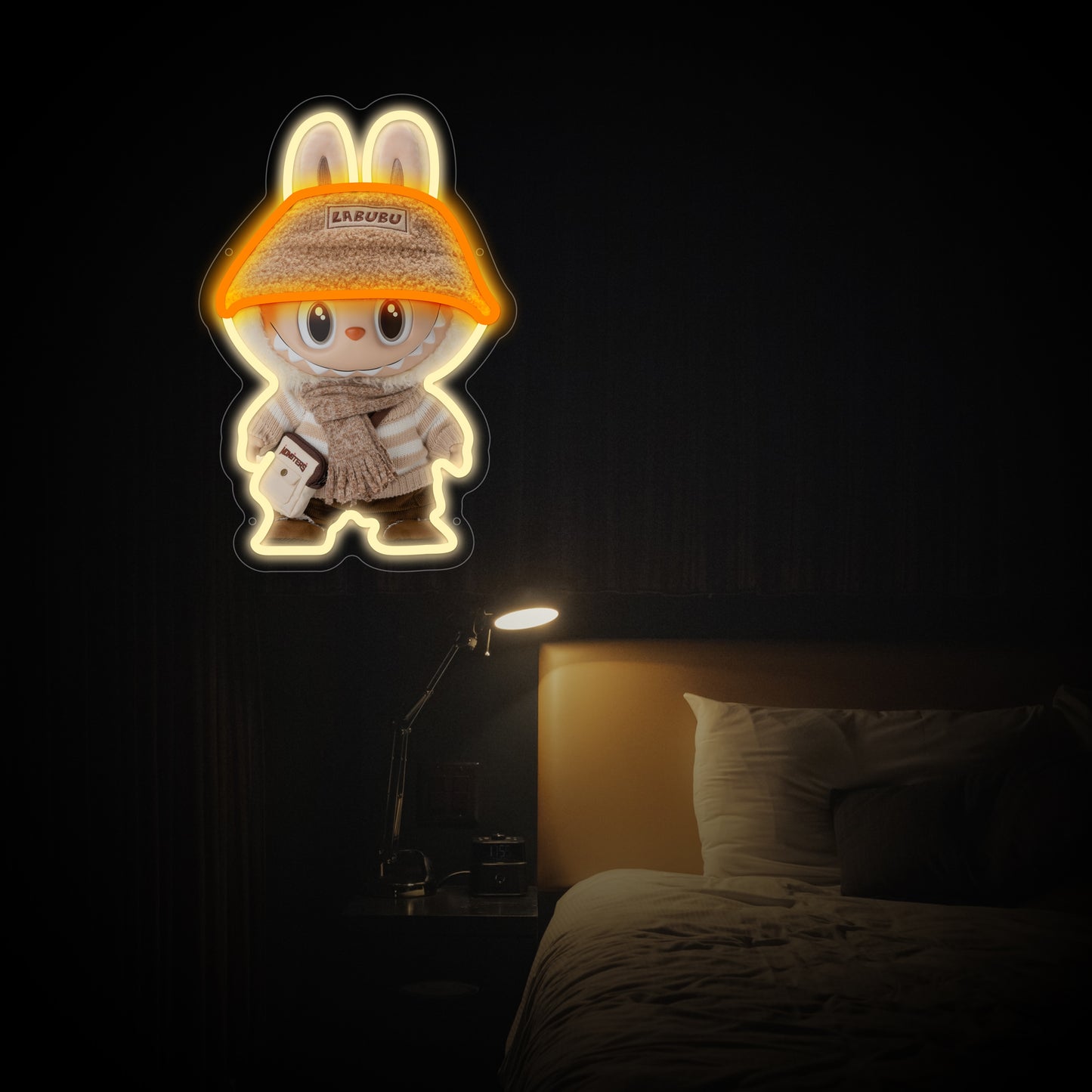  Labubu character neon sign with winter outfit, cozy LED light for fans