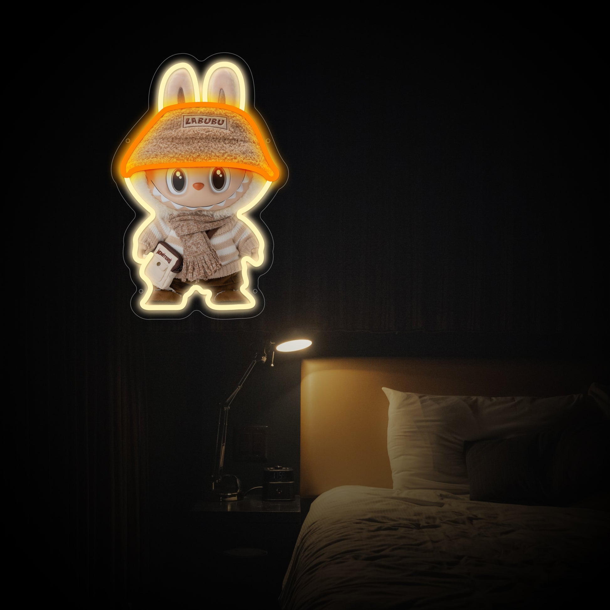  Labubu character neon sign with winter outfit, cozy LED light for fans