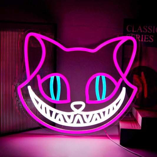 Laughing cat face neon sign – Cute LED wall light for bedroom or game room decor

