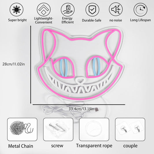 Laughing cat face neon sign – Cute LED wall light for bedroom or game room decor


