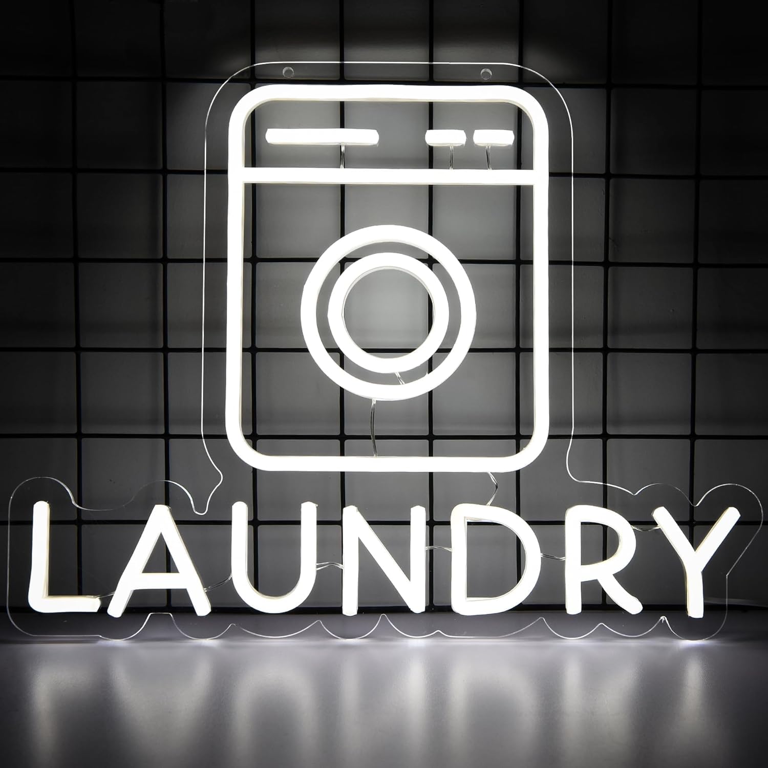 Washing machine neon sign with the word "Laundry" in LED lights for laundry room wall decor