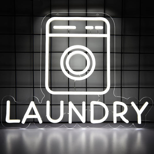 Washing machine neon sign with the word "Laundry" in LED lights for laundry room wall decor