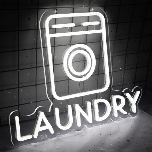 Washing machine neon sign with the word "Laundry" in LED lights for laundry room wall decor