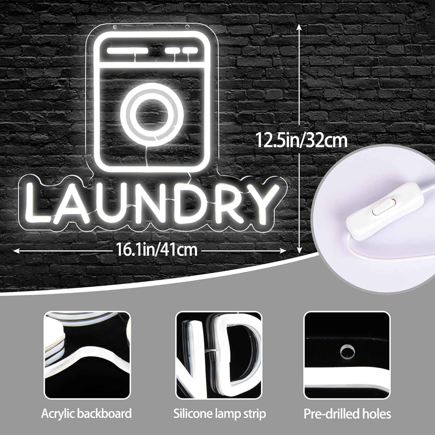 Washing machine neon sign with the word "Laundry" in LED lights for laundry room wall decor