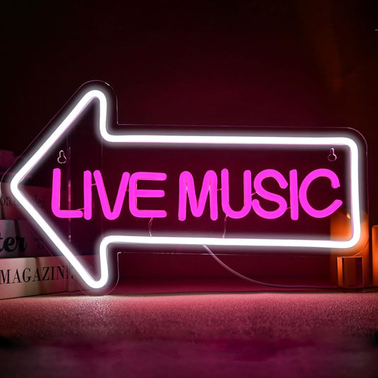 Live Music neon sign with arrow – LED wall decor for bars and music venues