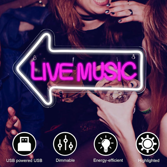 Live Music neon sign with arrow – LED wall decor for bars and music venues
