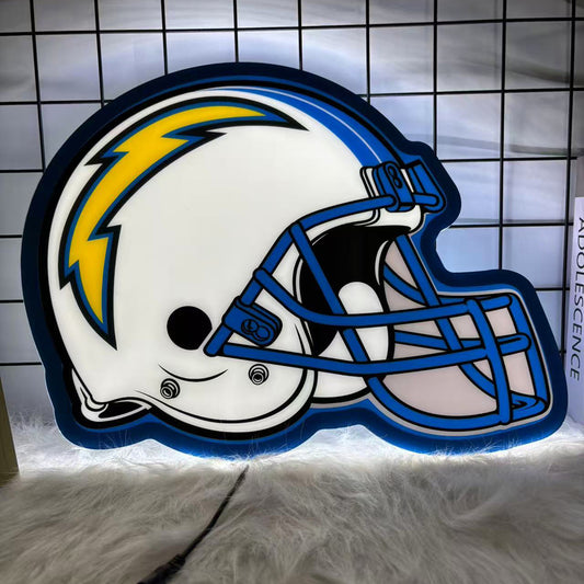 LED neon sign shaped like a Los Angeles Chargers football helmet with a glowing yellow lightning bolt, ideal for NFL fan decor and sports bars.