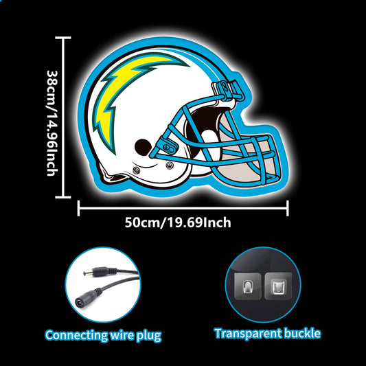 LED neon sign shaped like a Los Angeles Chargers football helmet with a glowing yellow lightning bolt, ideal for NFL fan decor and sports bars.